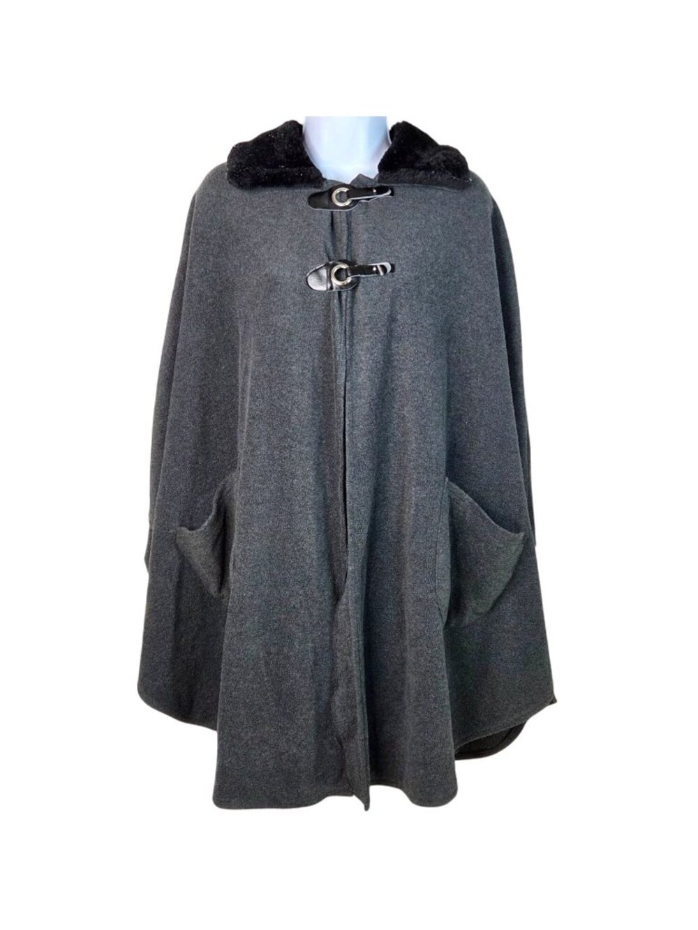 LeModa Gray Cape With Faux Fur Black Collar & Toggle Closure